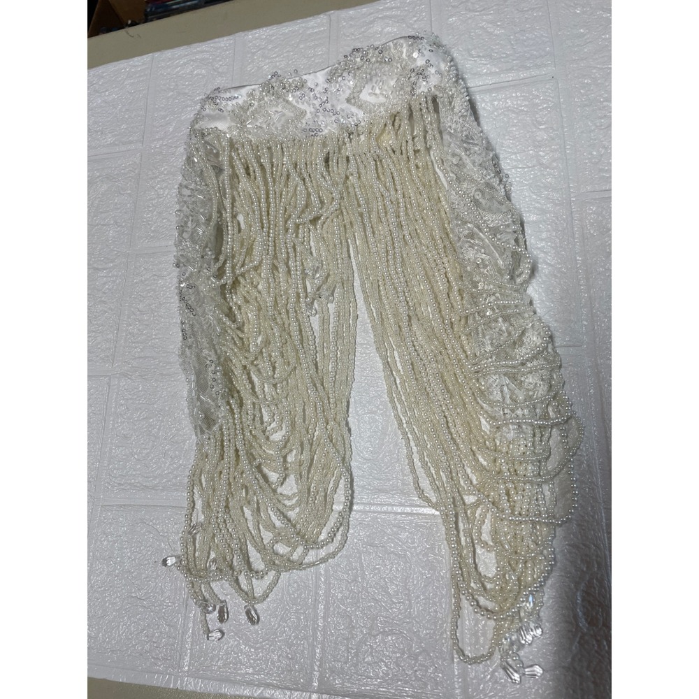 White Faux Pearl Beaded Fringe necklace Sequin Bridal Dance Costume